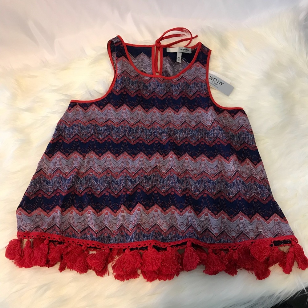 Red White Blue Tie Back Stitched Pom Top - Picture 5 of 8